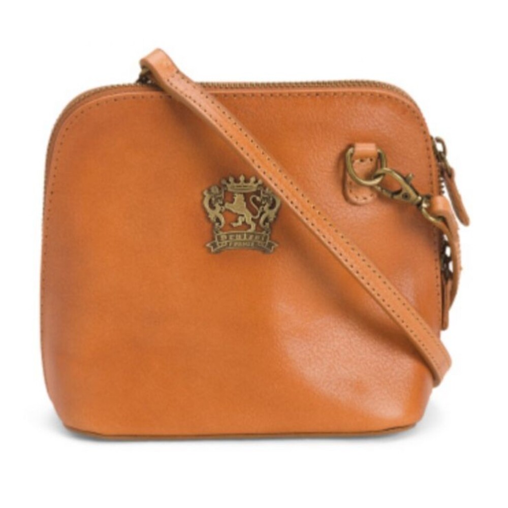Pratesi made in Italy Leather Crossbody Bag Tan Gold Logo Hardware